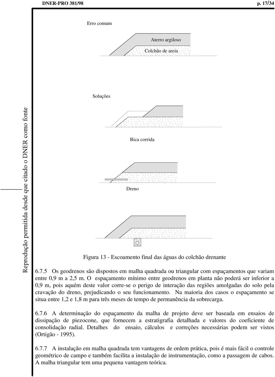 prejudicando o seu funcionamento. Na maioria dos casos o espaçamento se situa entre 1,2 e 1,8 m para três meses de tempo de permanência da sobrecarga. 6.7.