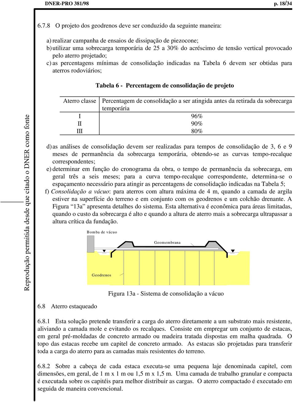 vertical provocado pelo aterro projetado; c) as percentagens mínimas de consolidação indicadas na Tabela 6 devem ser obtidas para aterros rodoviários; Tabela 6 - Percentagem de consolidação de