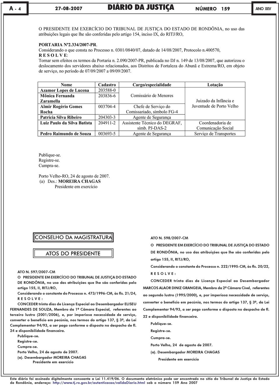 400570, R E S O L V E: Tornar sem efeitos os termos da Portaria n. 2.090/2007-PR, publicada no DJ n.