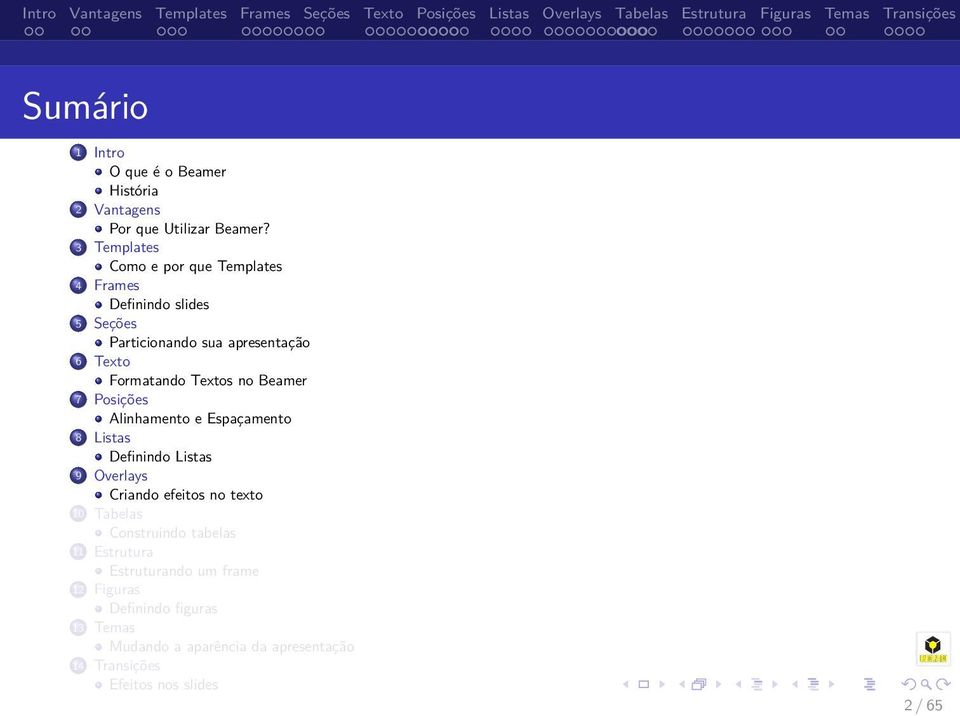 Textos no Beamer 7 Posições Alinhamento e Espaçamento 8 Listas Definindo Listas 9 Overlays Criando efeitos no texto 10