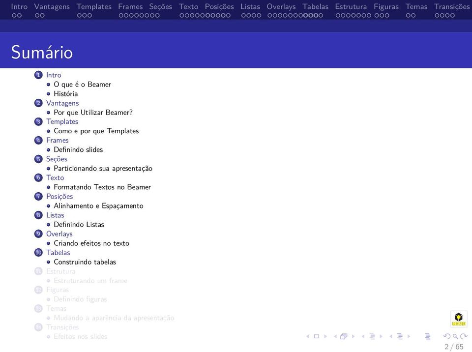 Textos no Beamer 7 Posições Alinhamento e Espaçamento 8 Listas Definindo Listas 9 Overlays Criando efeitos no texto 10
