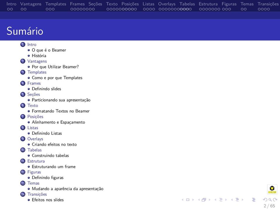 Textos no Beamer 7 Posições Alinhamento e Espaçamento 8 Listas Definindo Listas 9 Overlays Criando efeitos no texto 10