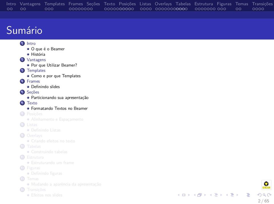 Textos no Beamer 7 Posições Alinhamento e Espaçamento 8 Listas Definindo Listas 9 Overlays Criando efeitos no texto 10