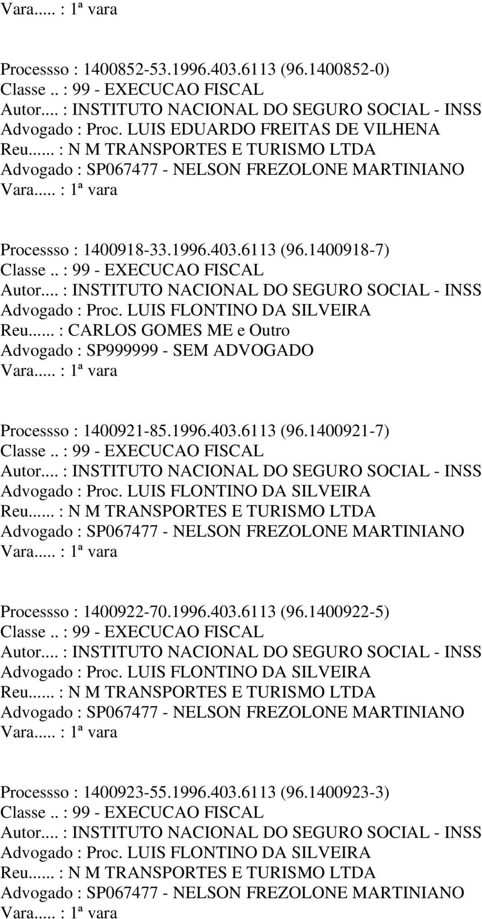 .. : N M TRANSPORTES E TURISMO LTDA Processso : 1400922-70.1996.403.6113 (96.1400922-5) Reu.