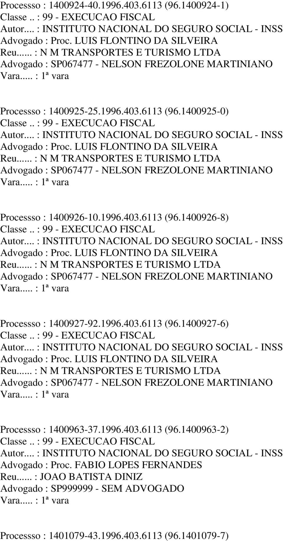 .. : N M TRANSPORTES E TURISMO LTDA Processso : 1400927-92.1996.403.6113 (96.1400927-6) Reu.