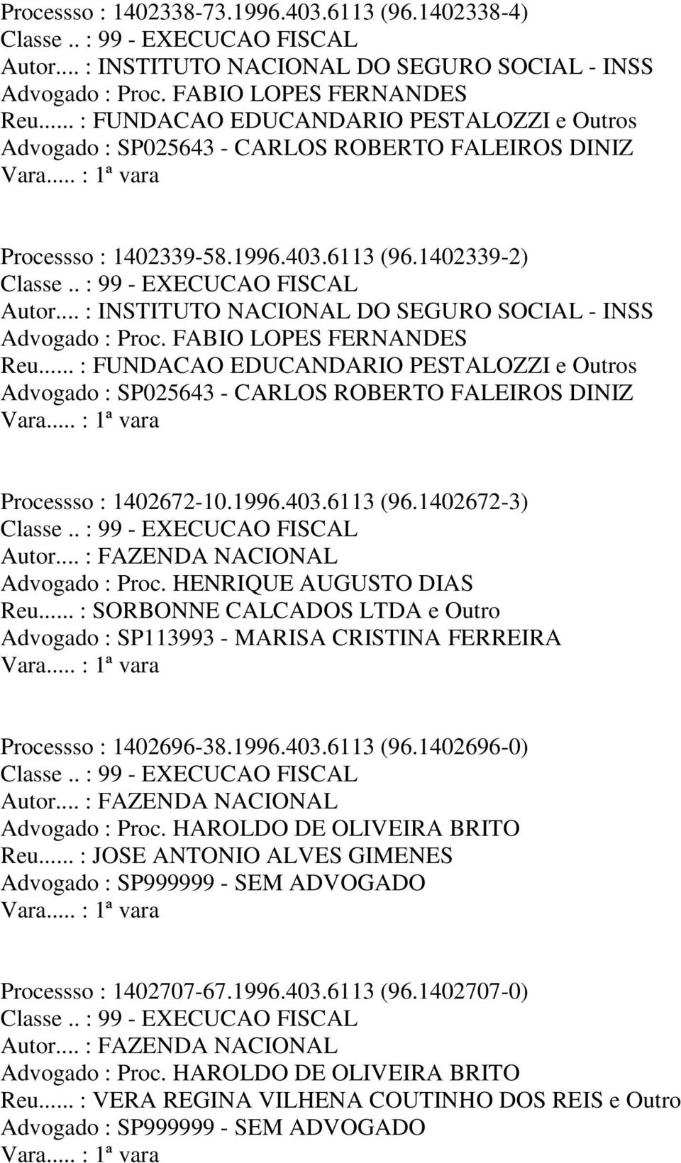 .. : FUNDACAO EDUCANDARIO PESTALOZZI e Outros Processso : 1402672-10.1996.403.6113 (96.1402672-3) Reu.