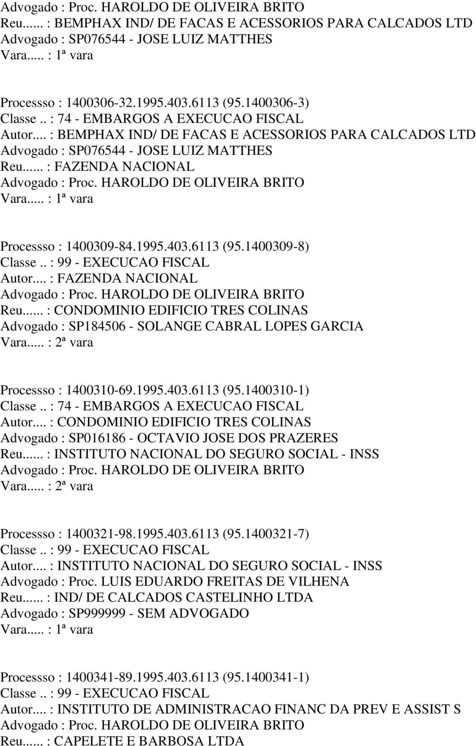 .. : CONDOMINIO EDIFICIO TRES COLINAS Advogado : SP184506 - SOLANGE CABRAL LOPES GARCIA Processso : 1400310-69.1995.403.6113 (95.1400310-1) Autor.