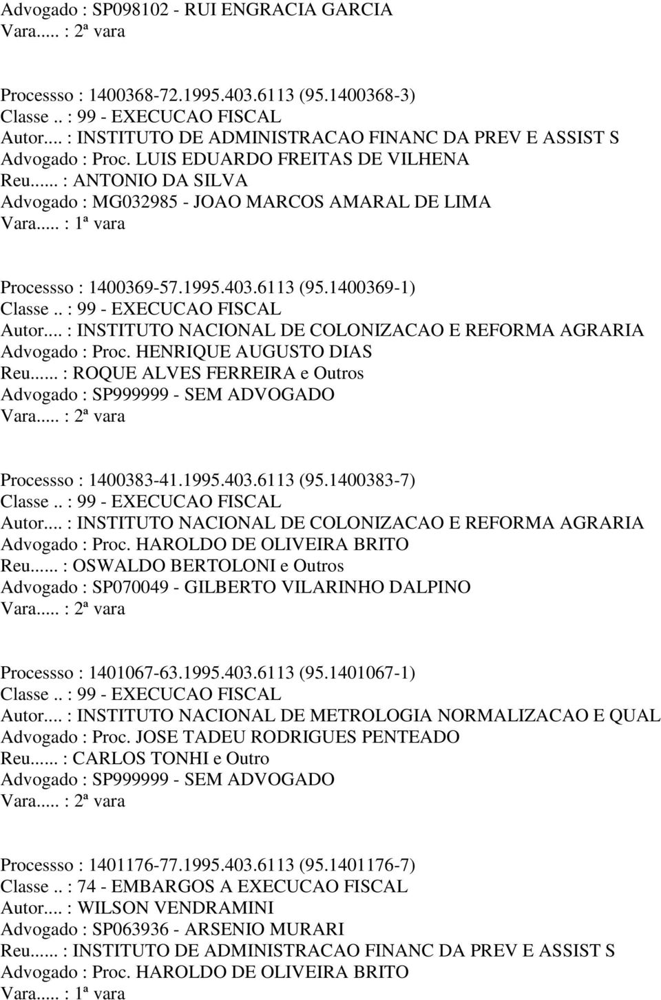 .. : ROQUE ALVES FERREIRA e Outros Processso : 1400383-41.1995.403.6113 (95.1400383-7) Autor... : INSTITUTO NACIONAL DE COLONIZACAO E REFORMA AGRARIA Reu.