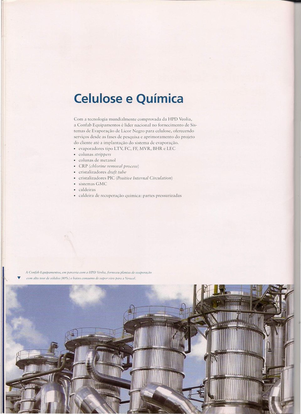 evaporadores tipo LTV, FC, FF, MVR, BHR e LEC colunas strippers colunas de meranol CRP ichlorlne remoual processi cri talizadore draft tube crisralizadores PIC (Positive interna!