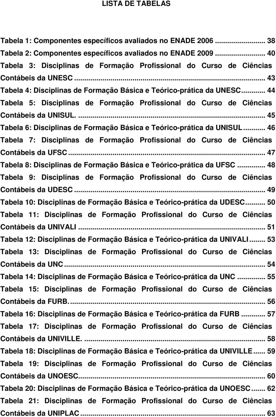 .. 44 Tabela 5: Disciplinas de Formação Profissional do Curso de Ciências Contábeis da UNISUL.... 45 Tabela 6: Disciplinas de Formação Básica e Teórico-prática da UNISUL.