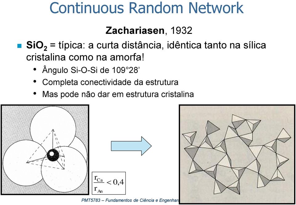 Ângulo Si-O-Si de 109 28 Completa conectividade da estrutura Mas pode não