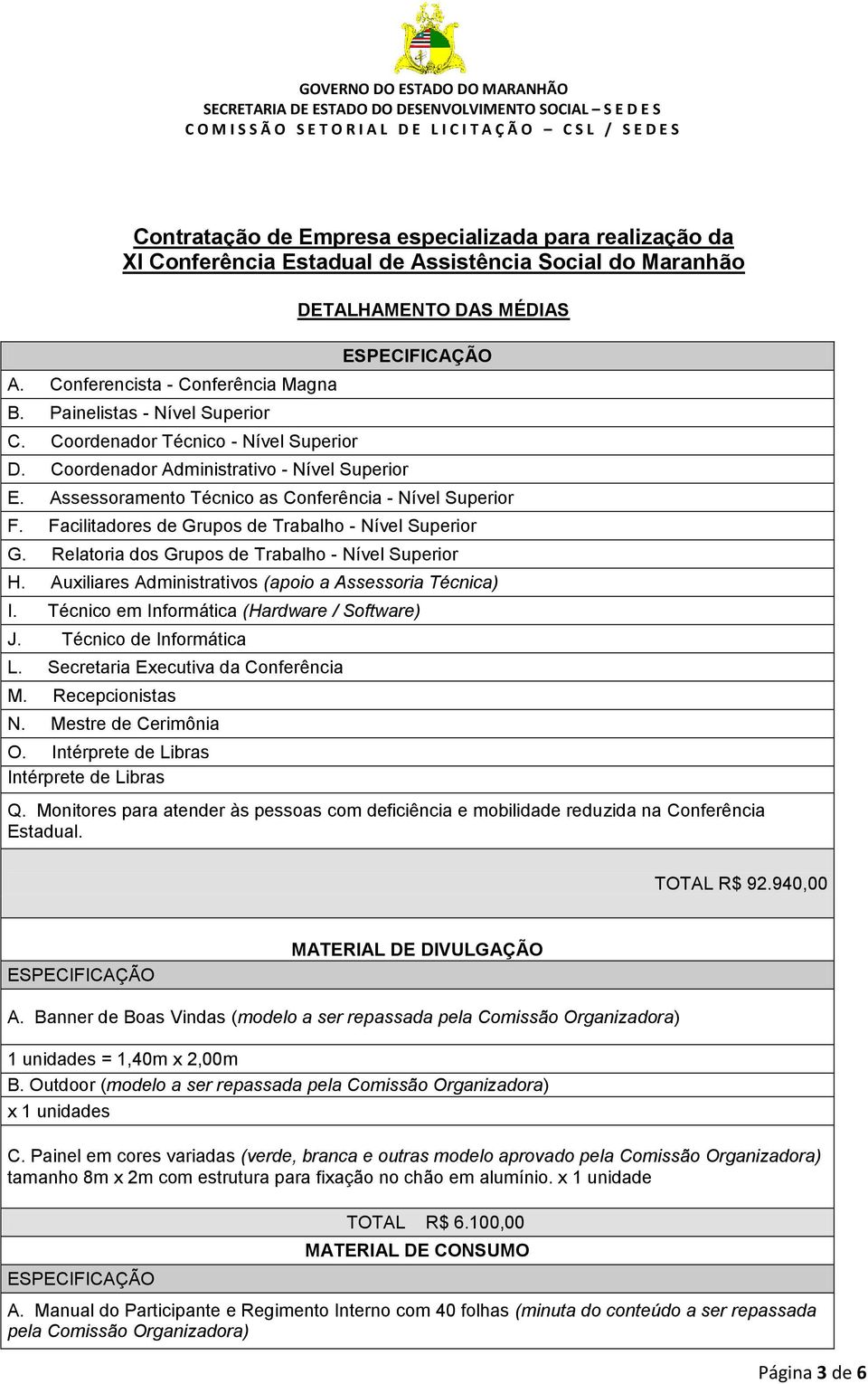 Facilitadores de Grupos de Trabalho - Nível Superior G. Relatoria dos Grupos de Trabalho - Nível Superior H. Auxiliares Administrativos (apoio a Assessoria Técnica) I.