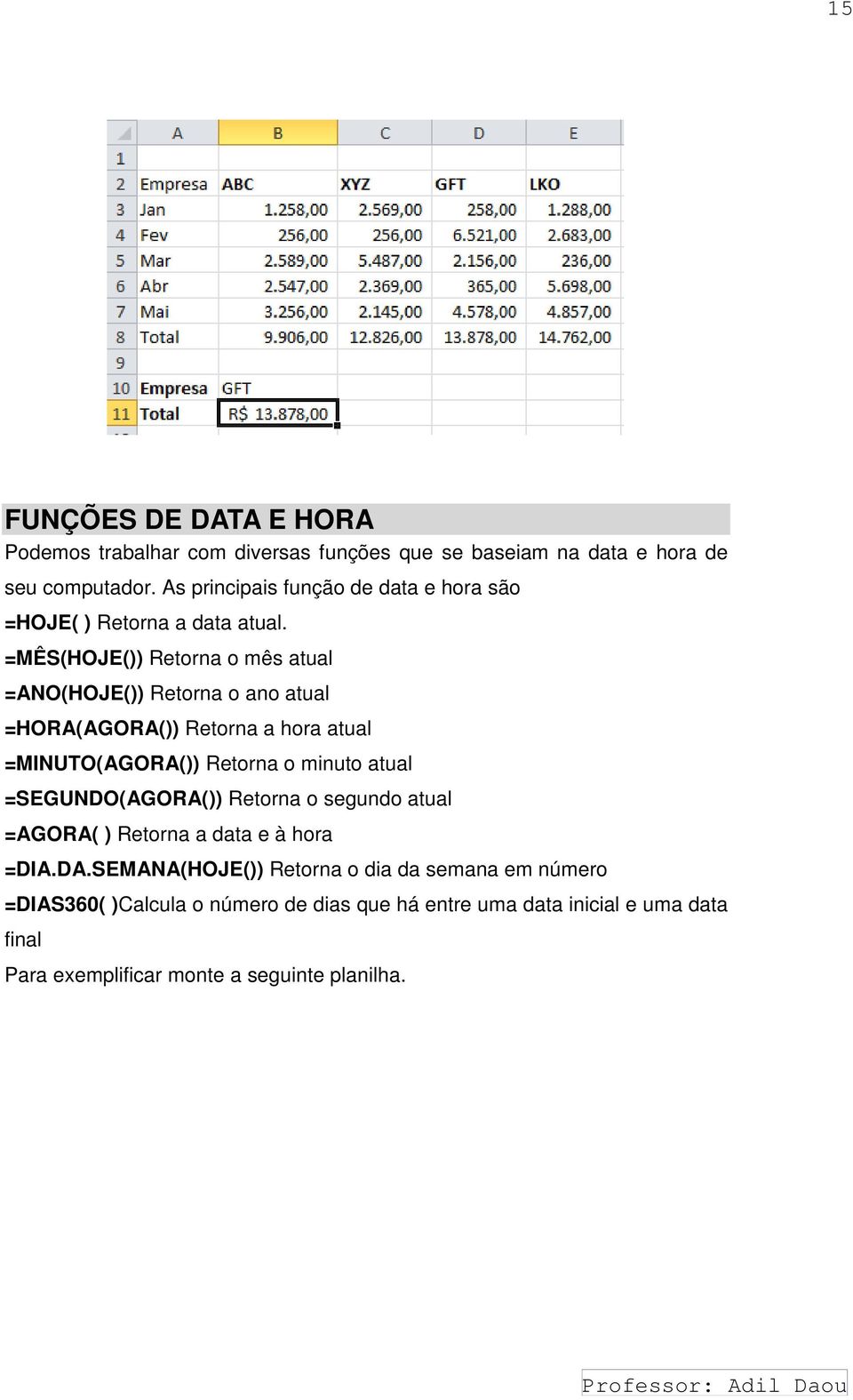 =MÊS(HOJE()) Retorna o mês atual =ANO(HOJE()) Retorna o ano atual =HORA(AGORA()) Retorna a hora atual =MINUTO(AGORA()) Retorna o minuto atual