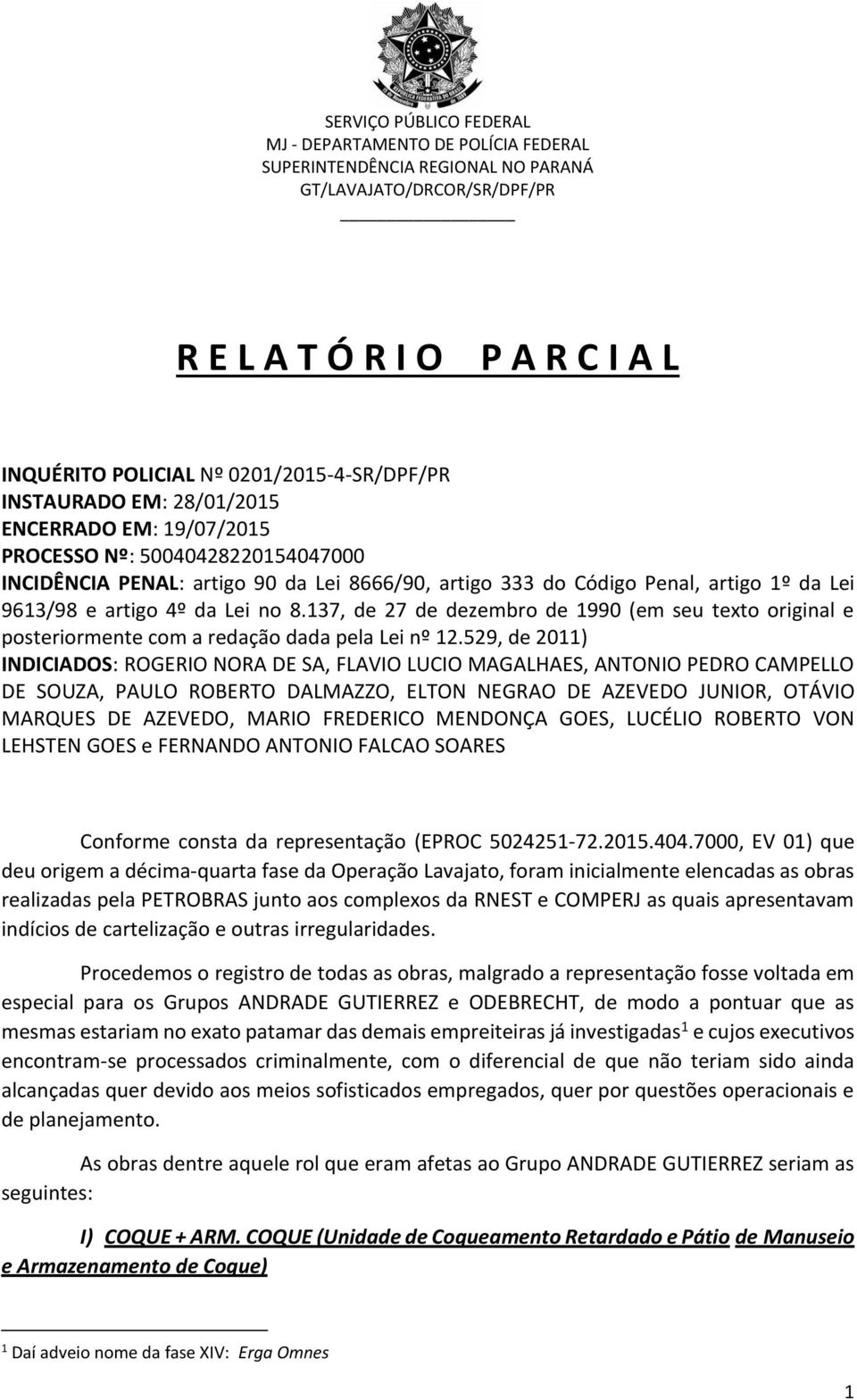 529, de 2011) INDICIADOS: ROGERIO NORA DE SA, FLAVIO LUCIO MAGALHAES, ANTONIO PEDRO CAMPELLO DE SOUZA, PAULO ROBERTO DALMAZZO, ELTON NEGRAO DE AZEVEDO JUNIOR, OTÁVIO MARQUES DE AZEVEDO, MARIO