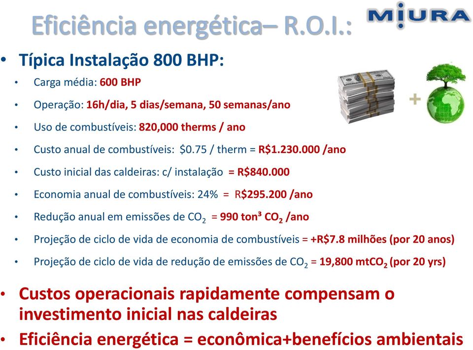 75 / therm = R$1.230.000 /ano Custo inicial das caldeiras: c/ instalação = R$840.000 Economia anual de combustíveis: 24% = R$295.