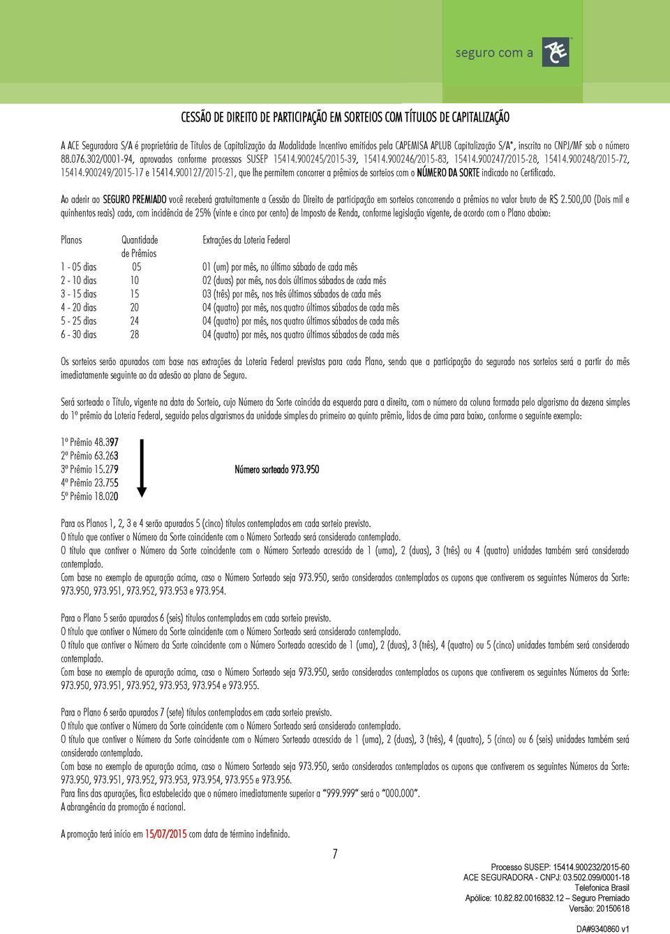 900248/2015-72, 15414.900249/2015-17 e 15414.900127/2015-21, que lhe permitem concorrer a prêmios de sorteios com o NÚMERO DA SORTE indicado no Certificado.