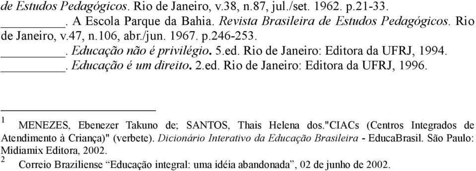 1 MENEZES, Ebenezer Takuno de; SANTOS, Thais Helena dos."ciacs (Centros Integrados de Atendimento à Criança)" (verbete).