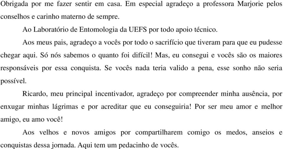 Mas, eu consegui e vocês são os maiores responsáveis por essa conquista. Se vocês nada teria valido a pena, esse sonho não seria possível.