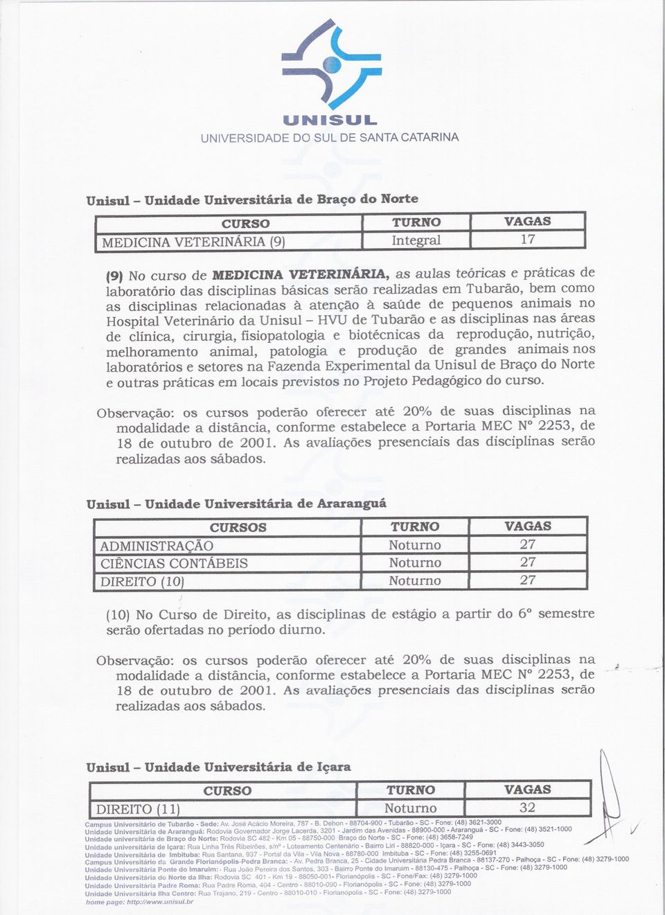 animais no Hospital Veterinário da Uni sul- HVU de Tubarão e as disciplinas nas áreas de clínica, cirurgia, fisiopatologia e biotécnicas da reprodução, nutrição, melhoramento animal, patologia e