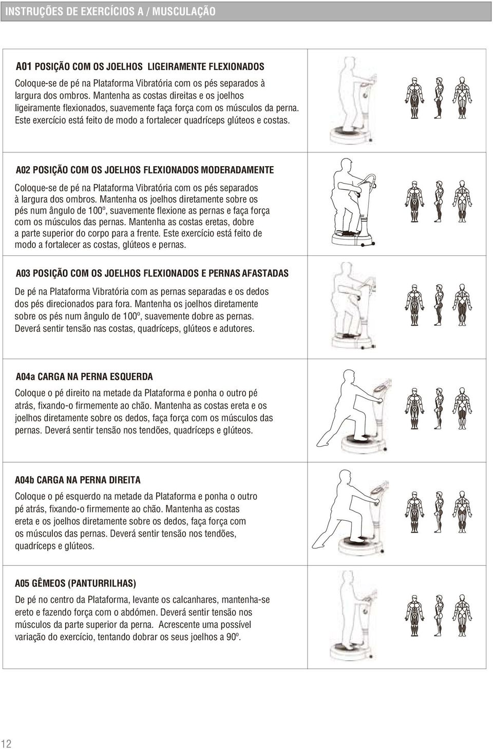 A02 POSIÇÃO COM OS JOELHOS FLEXIONADOS MODERADAMENTE Coloque-se de pé na Plataforma Vibratória com os pés separados à largura dos ombros.