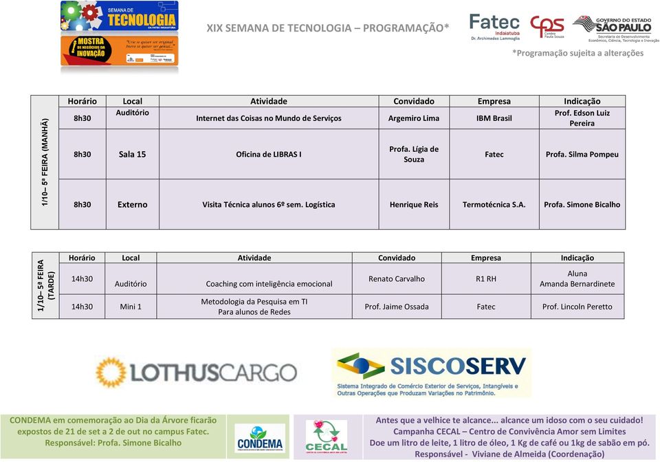 Profa. Lígia de Souza 8h30 Externo Visita Técnica alunos 6º sem. Logística Henrique Reis Termotécnica S.A. Profa.