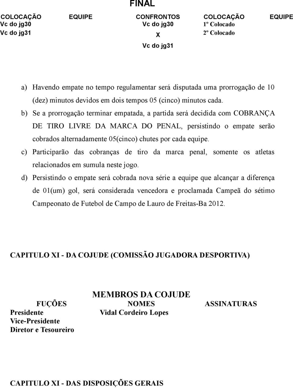 b) Se a prorrogação terminar empatada, a partida será decidida com COBRANÇA DE TIRO LIVRE DA MARCA DO PENAL, persistindo o empate serão cobrados alternadamente 05(cinco) chutes por cada equipe.