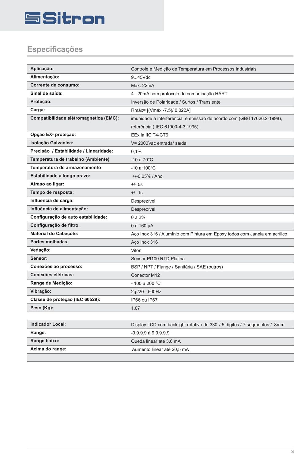 Configuração de auto estabilidade: Configuração de filtro: Material do Cabeçote: Partes molhadas: Vedação: Sensor: Conexões ao processo: Conexões elétricas: Range de Medição: Vibração: Classe de