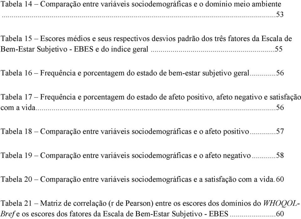 ..55 Tabela 16 Frequência e porcentagem do estado de bem-estar subjetivo geral... 56 Tabela 17 Frequência e porcentagem do estado de afeto positivo, afeto negativo e satisfação com a vida.