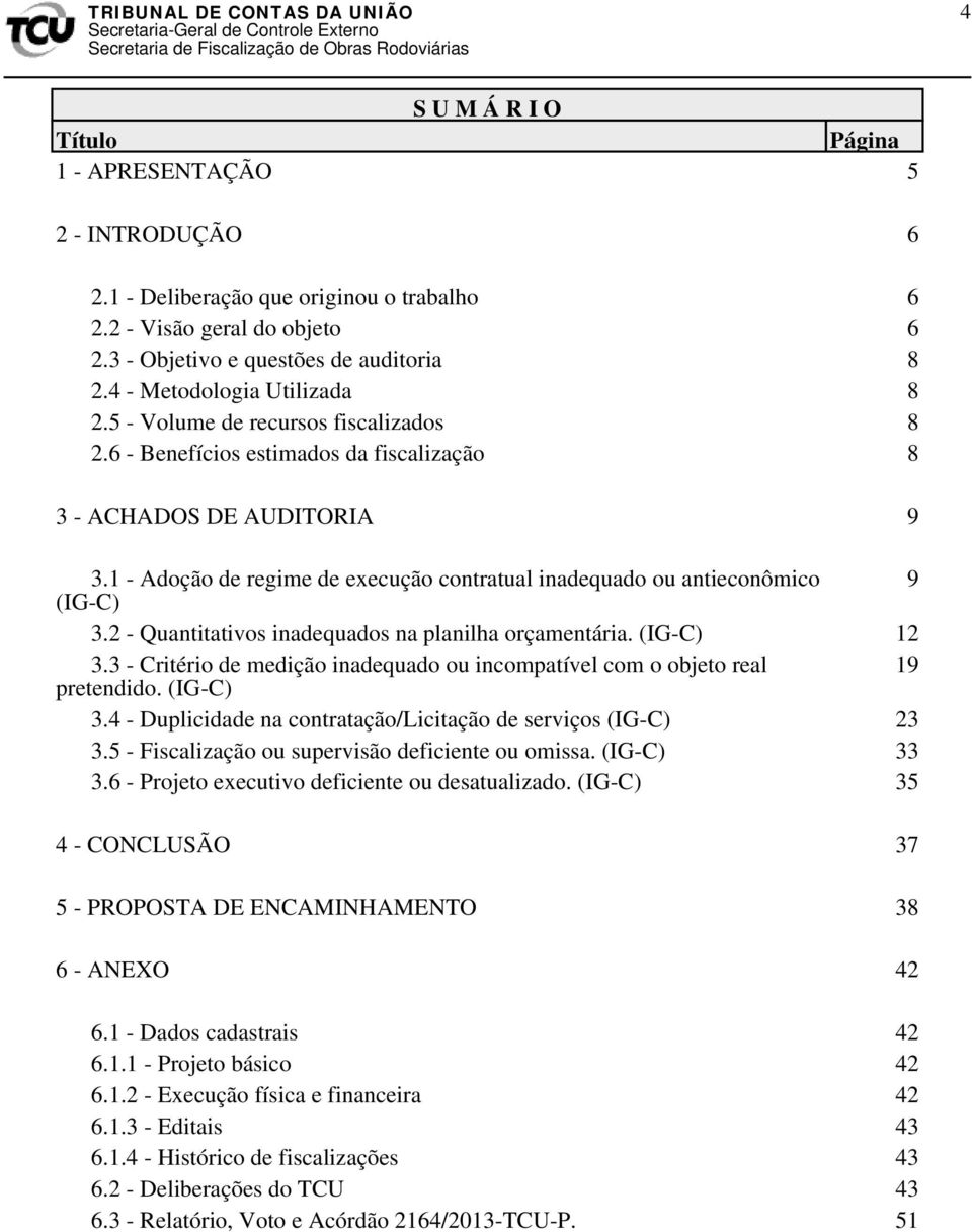 1 - Adoção de regime de execução contratual inadequado ou antieconômico 9 (IG-C) 3.2 - Quantitativos inadequados na planilha orçamentária. (IG-C) 12 3.