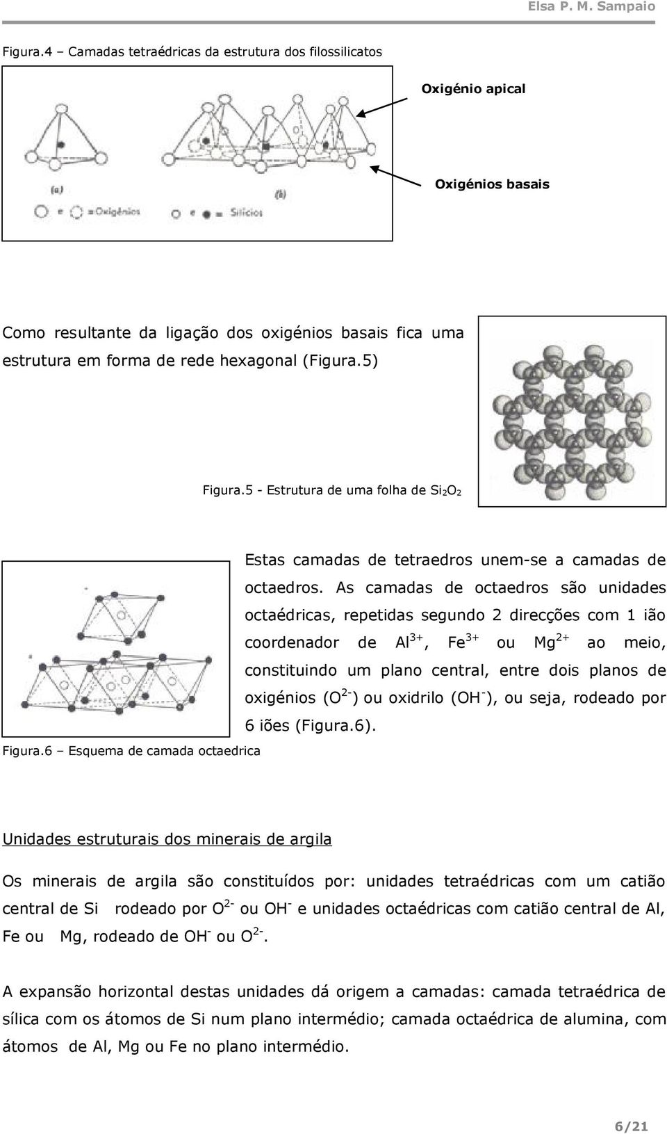 5 - Estrutura de uma flha de Si 2O 2 Estas camadas de tetraedrs unem-se a camadas de ctaedrs.