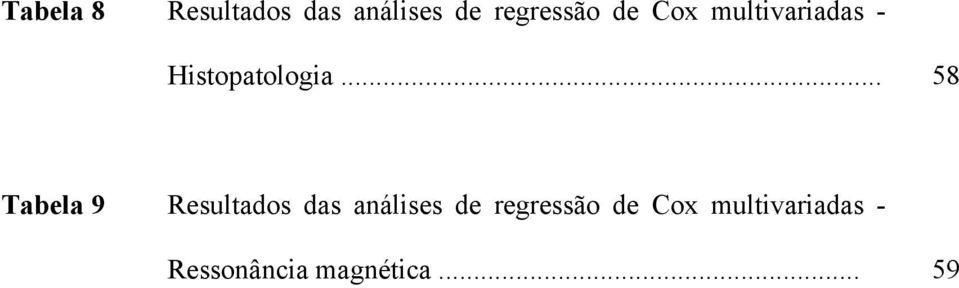 .. 58 Tabela 9 Resultados das análises de