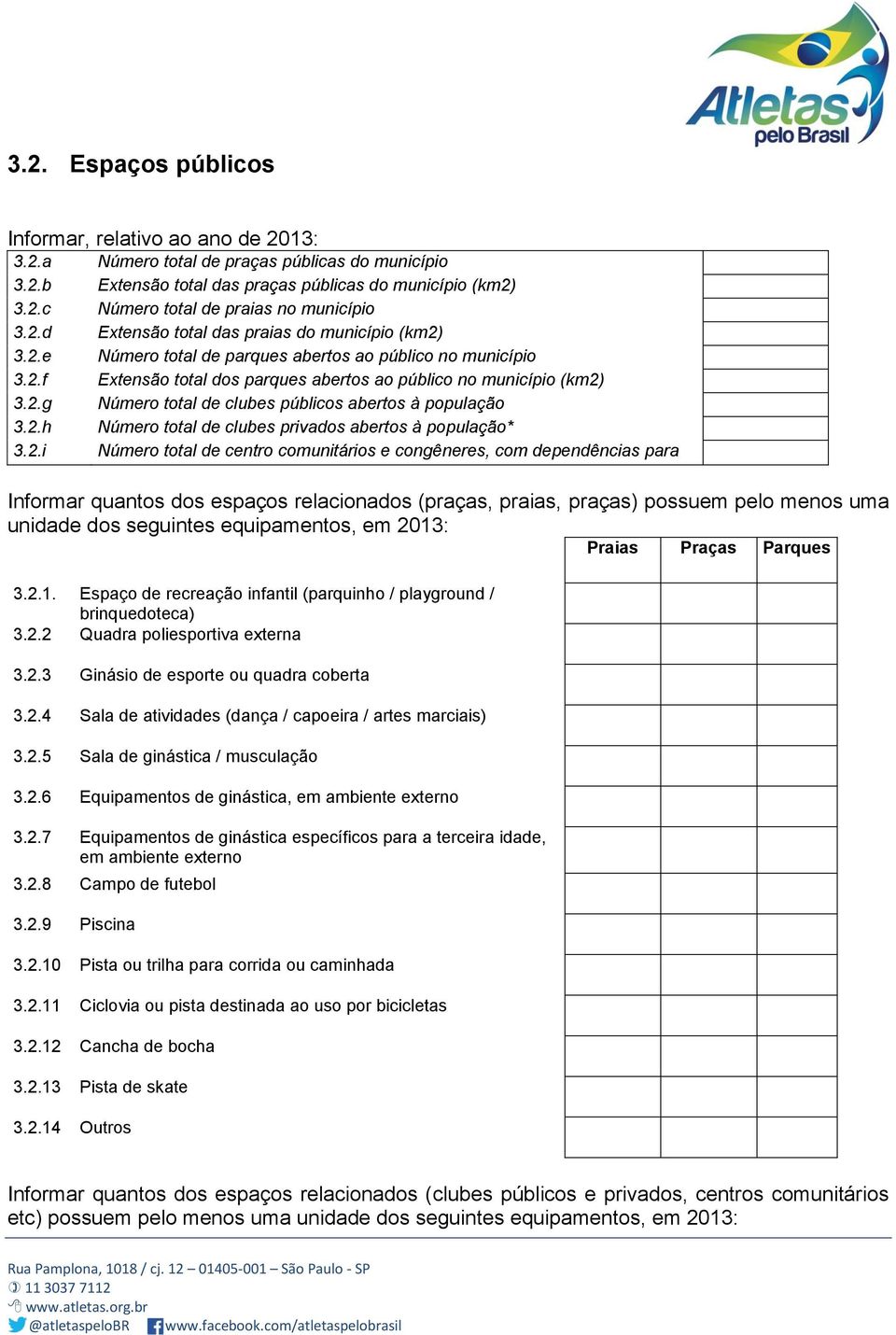 no município (km2) Número total de clubes públicos abertos à população Número total de clubes privados abertos à população* Número total de centro comunitários e congêneres, com dependências para