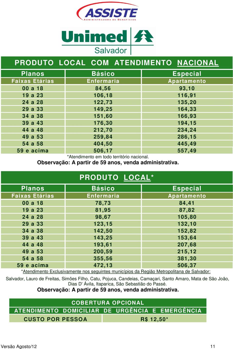 Observação: A partir de 59 anos, venda administrativa.