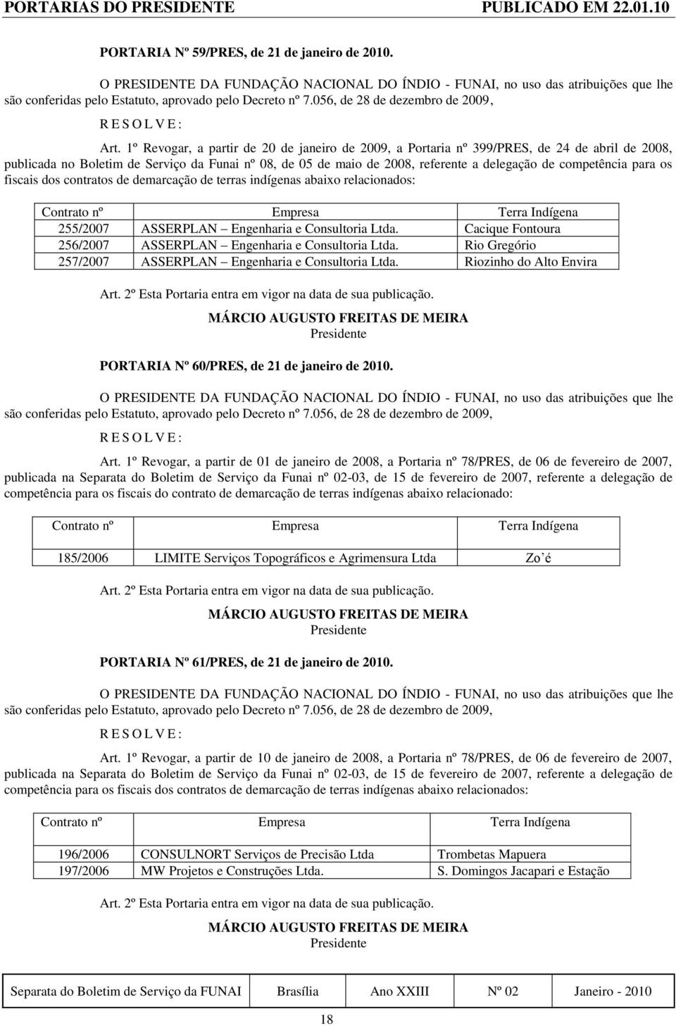 competência para os fiscais dos contratos de demarcação de terras indígenas abaixo relacionados: Contrato nº Empresa Terra Indígena 255/2007 ASSERPLAN Engenharia e Consultoria Ltda.