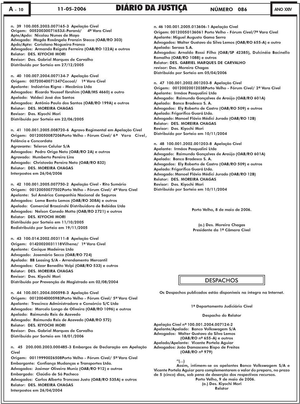 Advogados: Armando Reigota Ferreira (OAB/RO 122A) e outros Relator: DES. KIYOCHI MORI Revisor: Des. Gabriel Marques de Carvalho Distribuído por Sorteio em 27/12/2005 n. 40 100.007.2004.