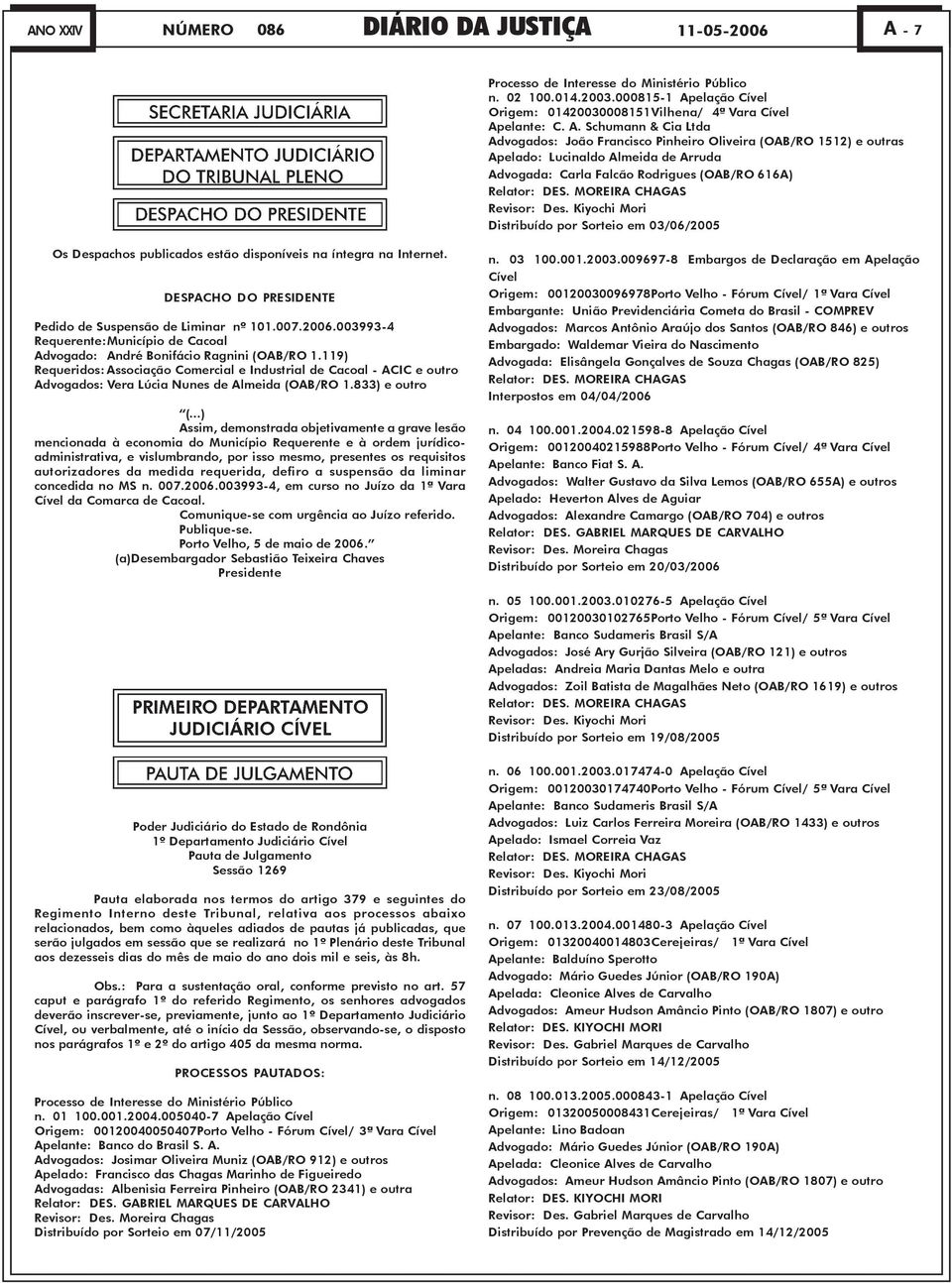 MOREIRA CHAGAS Revisor: Des. Kiyochi Mori Distribuído por Sorteio em 03/06/2005 Os Despachos publicados estão disponíveis na íntegra na Internet.