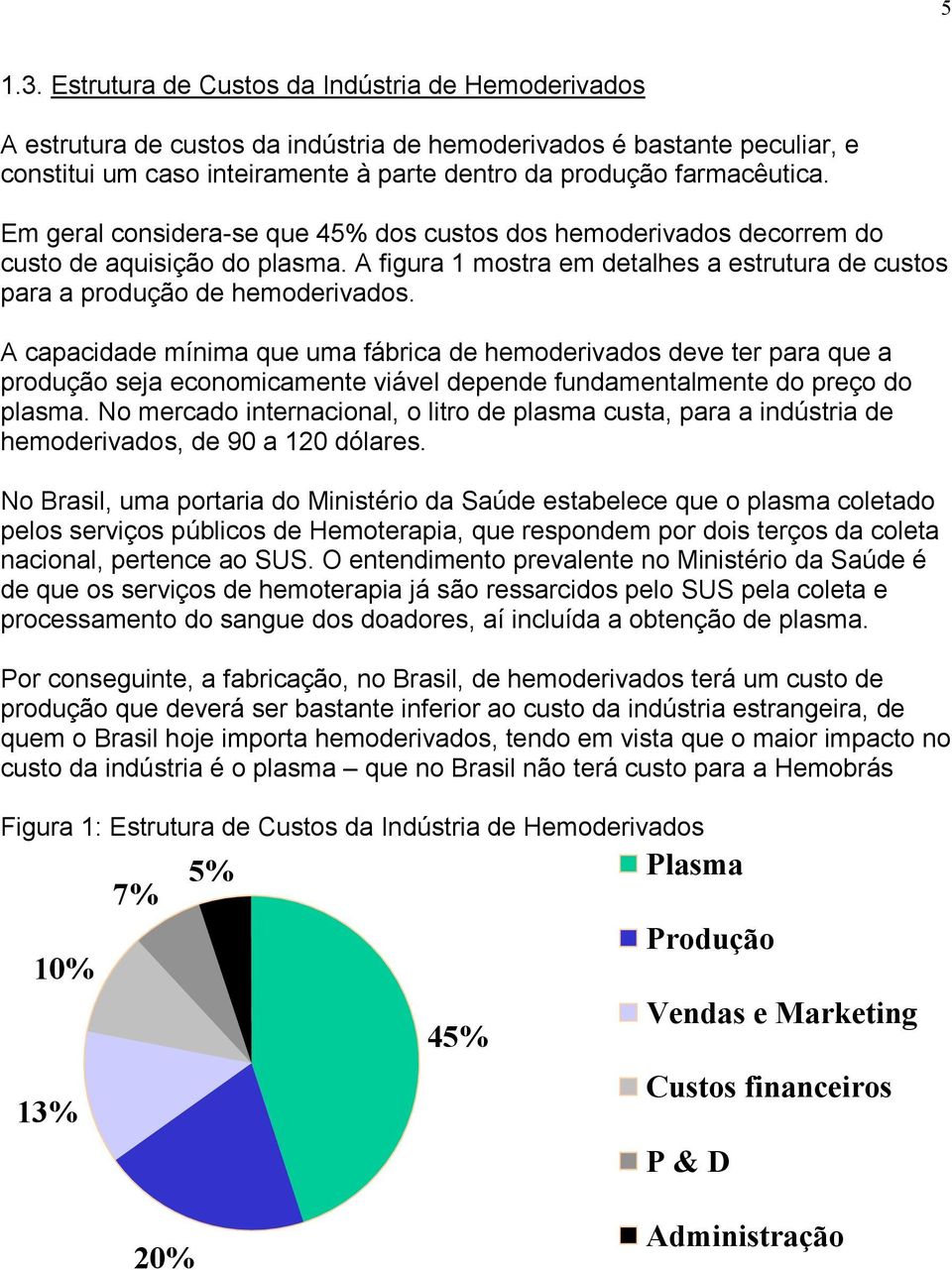 Em geral considera-se que 45% dos custos dos hemoderivados decorrem do custo de aquisição do plasma. A figura 1 mostra em detalhes a estrutura de custos para a produção de hemoderivados.