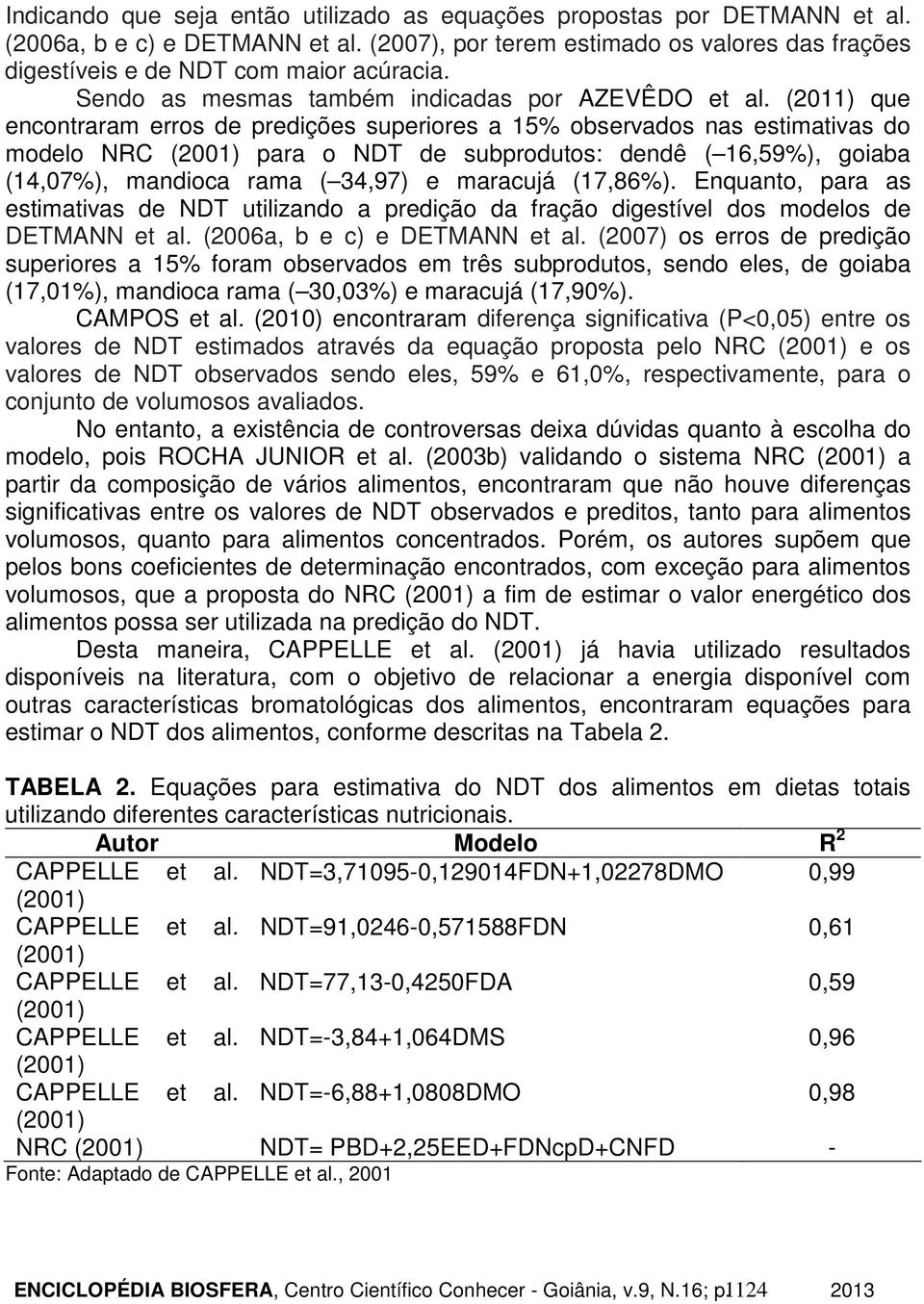 (2011) que encontraram erros de predições superiores a 15% observados nas estimativas do modelo NRC para o NDT de subprodutos: dendê ( 16,59%), goiaba (14,07%), mandioca rama ( 34,97) e maracujá