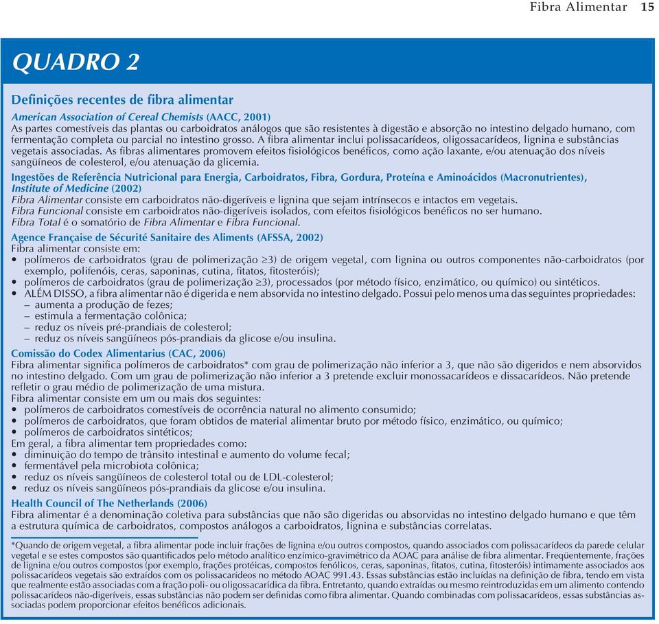 A fibra alimentar inclui polissacarídeos, oligossacarídeos, lignina e substâncias vegetais associadas.