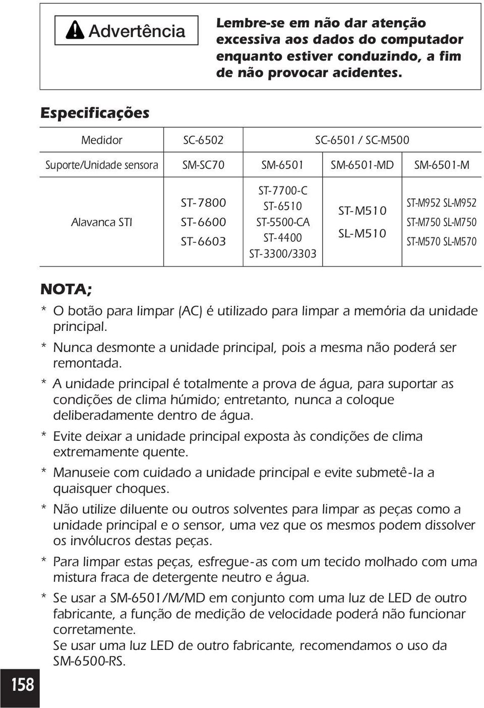 ST-M510 SL-M510 ST-M952 SL-M952 ST-M750 SL-M750 ST-M570 SL-M570 158 NOTA; * O botão para Iimpar (AC) é utilizado para limpar a memória da unidade principal.