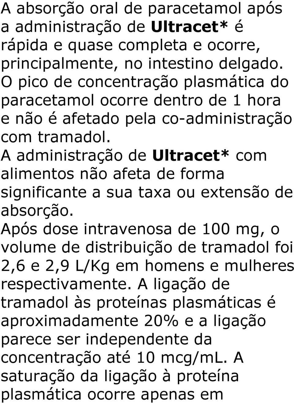 A administração de Ultracet* com alimentos não afeta de forma significante a sua taxa ou extensão de absorção.