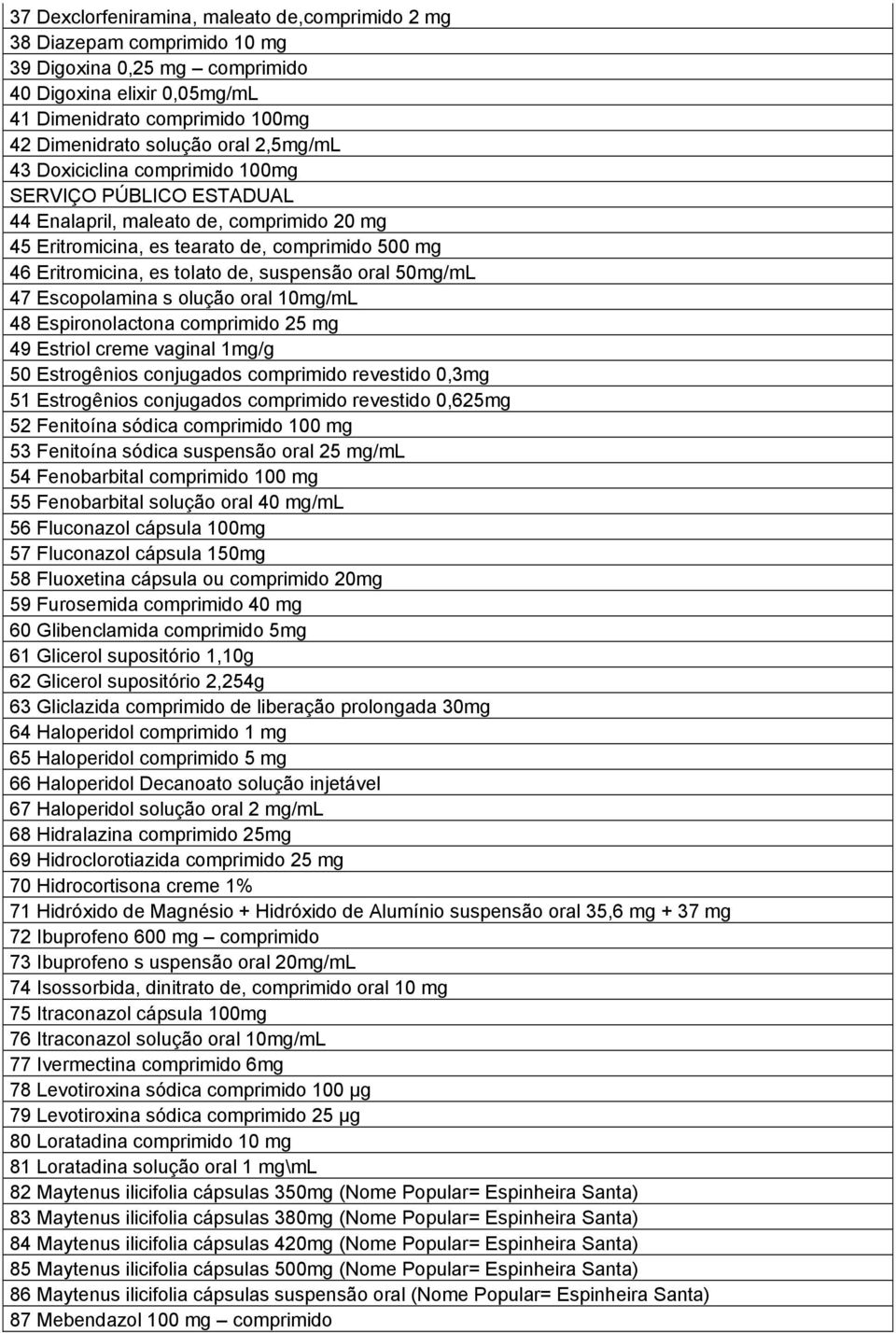 oral 50mg/mL 47 Escopolamina s olução oral 10mg/mL 48 Espironolactona comprimido 25 mg 49 Estriol creme vaginal 1mg/g 50 Estrogênios conjugados comprimido revestido 0,3mg 51 Estrogênios conjugados