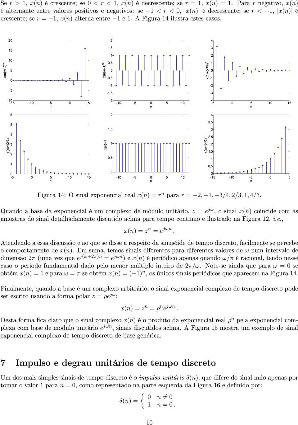 A Figura 14 ilustra estes casos. Figura 14: O sinal exponencial real x(n) = r n para r = 2, 1, 3/4, 2/3, 1, 4/3.