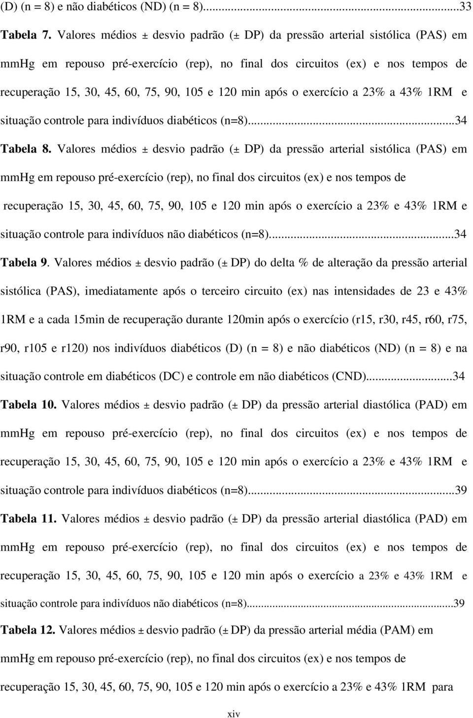 120 min após o exercício a 23% a 43% 1RM e situação controle para indivíduos diabéticos (n=8)...34 Tabela 8.