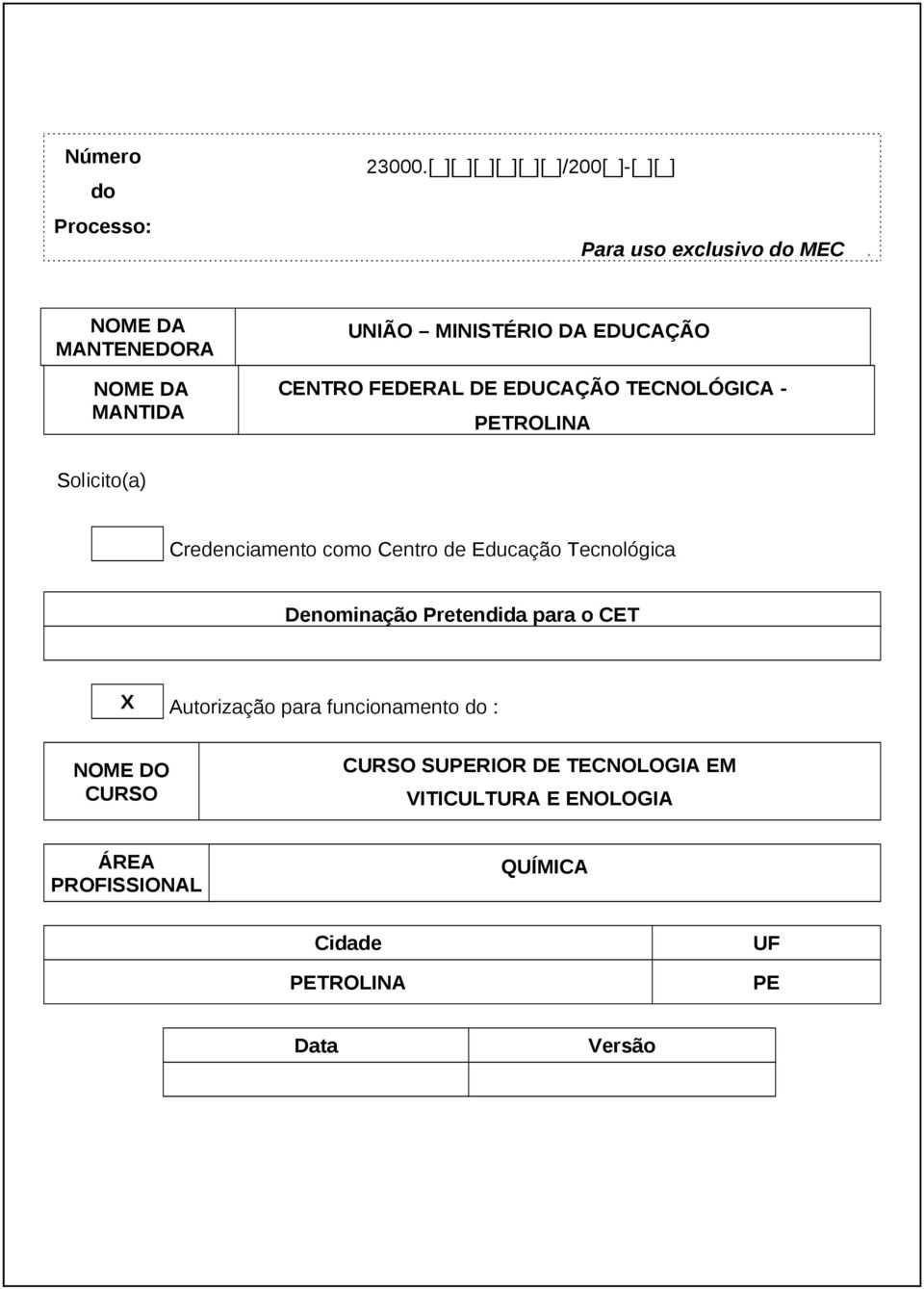 Solicito(a) Credenciamento como Centro de Educação Tecnológica Denominação Pretendida para o CET X Autorização para