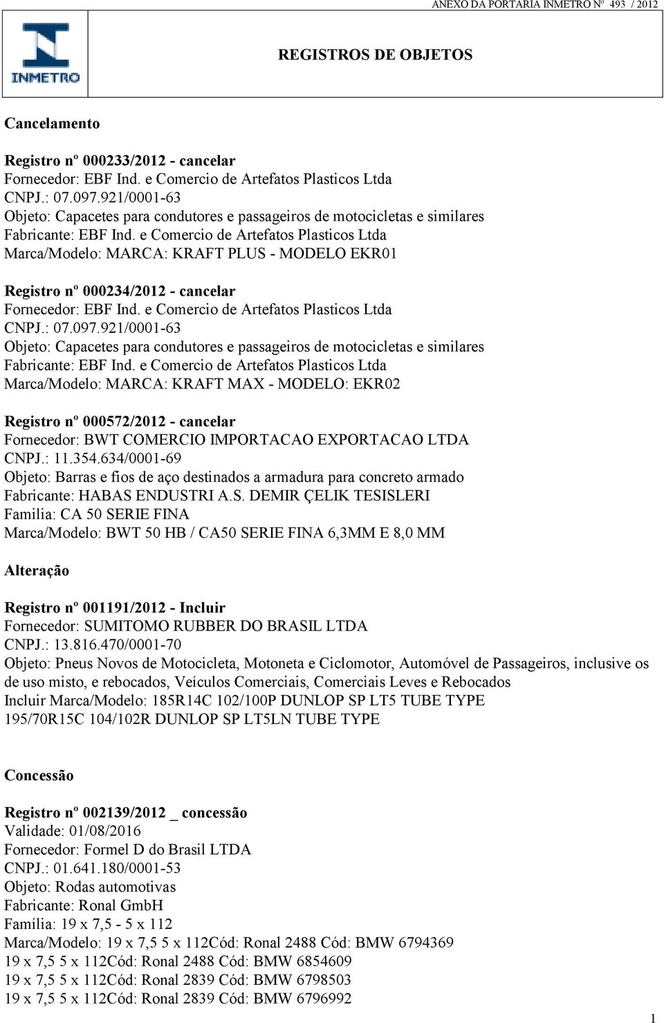 e Comercio de Artefatos Plasticos Ltda Marca/Modelo: MARCA: KRAFT PLUS - MODELO EKR01 Registro nº 000234/2012 - cancelar Fornecedor: EBF Ind. e Comercio de Artefatos Plasticos Ltda CNPJ.: 07.097.