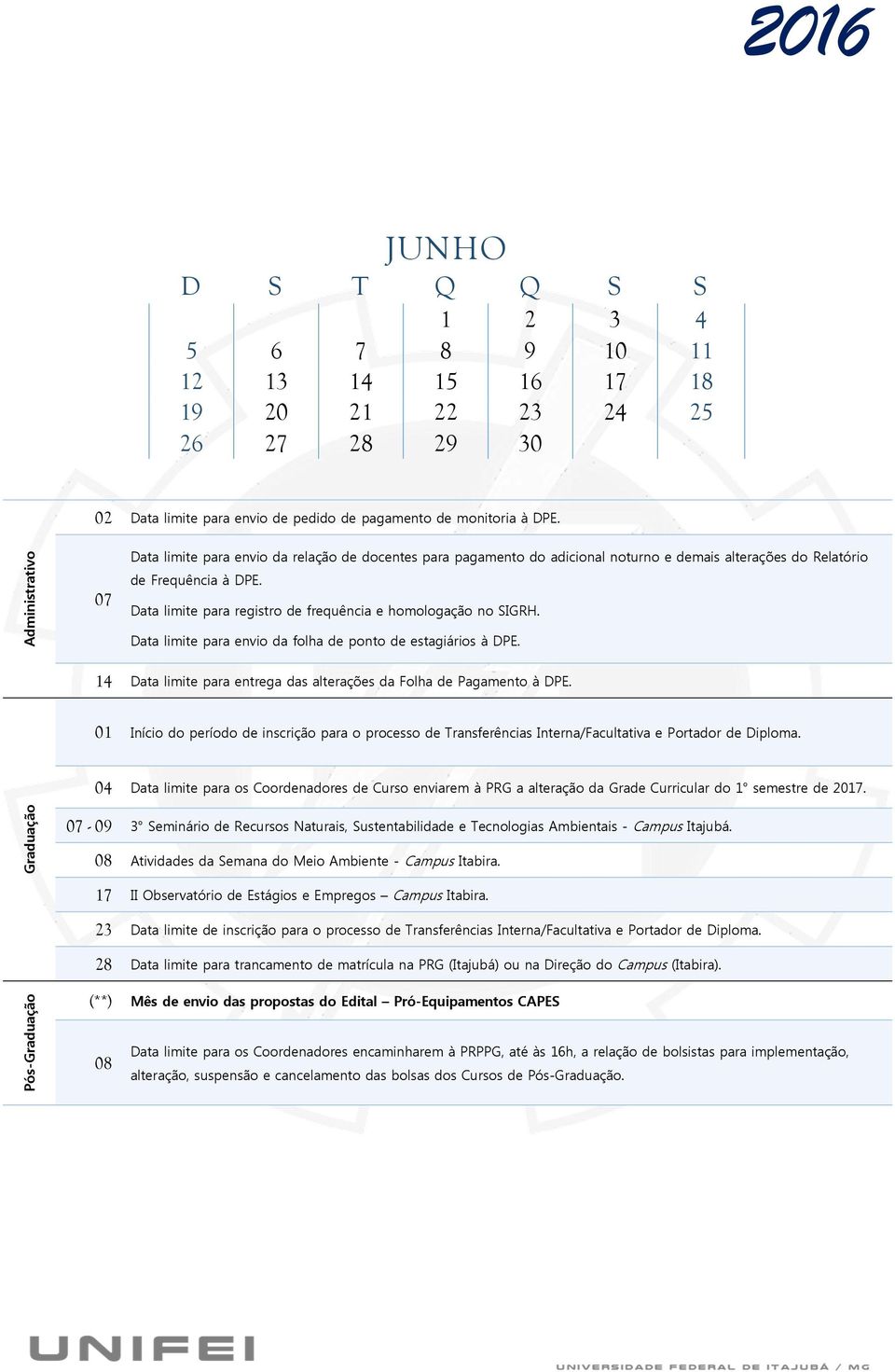 01 Início do período de inscrição para o processo de Transferências Interna/Facultativa e Portador de Diploma.