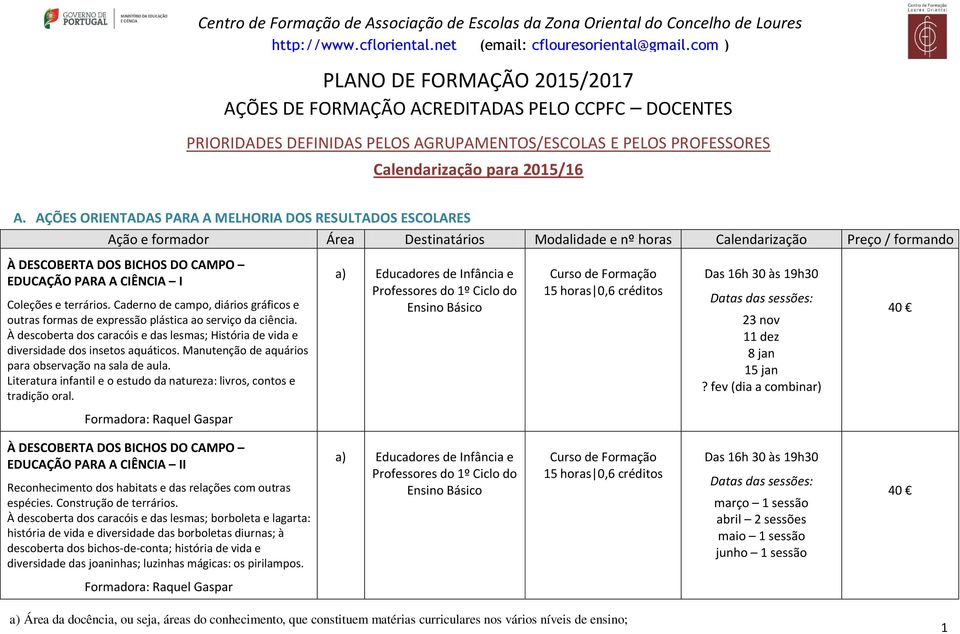 AÇÕES ORIENTADAS PARA A MELHORIA DOS RESULTADOS ESCOLARES À DESCOBERTA DOS BICHOS DO CAMPO EDUCAÇÃO PARA A CIÊNCIA I Coleções e terrários.