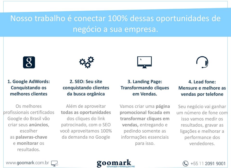 Lead fone: Mensure e melhore as vendas por telefone Os melhores profissionais certificados Google do Brasil vão criar seus anúncios, escolher as palavras-chave e monitorar os resultados.