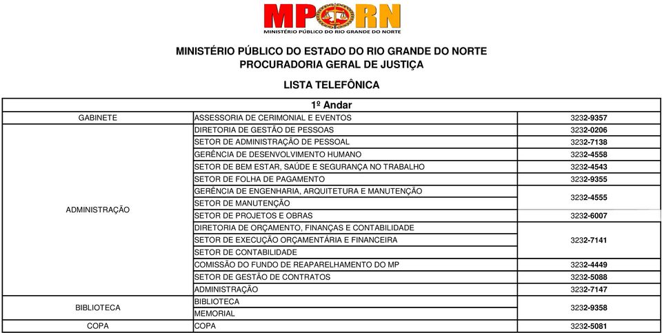 PROJETOS E OBRAS DIRETORIA DE ORÇAMENTO, FINANÇAS E CONTABILIDADE SETOR DE EXECUÇÃO ORÇAMENTÁRIA E FINANCEIRA SETOR DE CONTABILIDADE COMISSÃO DO FUNDO DE REAPARELHAMENTO DO MP SETOR